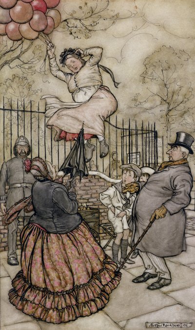 Balões, ilustração de Peter Pan em Kensington Gardens, por JM Barrie, publicado em 1906 (caneta e tinta e wc no papel) de Arthur Rackham