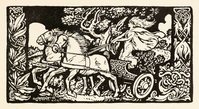 Becfola em sua carruagem de The Wooing of Becfola em contos de fadas irlandeses de Arthur Rackham
