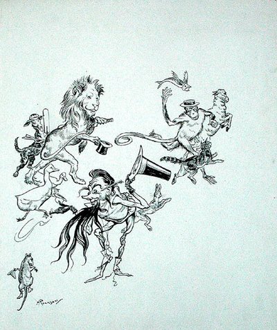 Aves, bestas e peixes se apressavam em massa confusa", ilustração de "The Zankiwank and the Bletherwitch", de S.J. Adair Fitzgerald, publicado em 1896 (caneta e tinta sobre papel) de Arthur Rackham