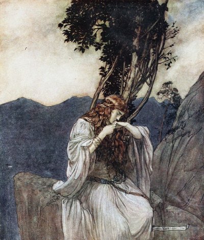 Brünnhilde beija o anel que Siegfried deixou com ela. Ilustração para Siegfried e The Twi de Arthur Rackham
