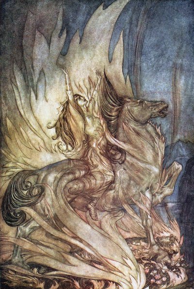 Brünnhilde em Grane pula na pira funerária de Siegfried. Ilustração para Siegfried e The Tw de Arthur Rackham