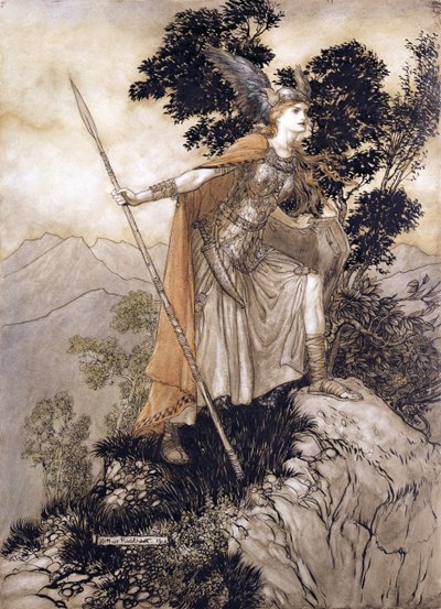 Brunhilde, ilustração de The Rhinegold and the Valkyrie por Richard Wagner, 1910 (caneta e tinta, wc no papel) de Arthur Rackham