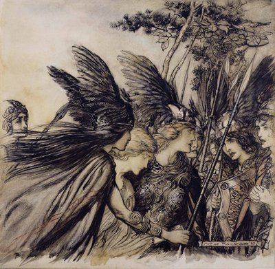 Brunnhilde Implora as Valquírias, ilustração de O Reno e a Valquíria, de Richard Wagner, edição publicada em 1910 (caneta, tinta e wc no papel) de Arthur Rackham