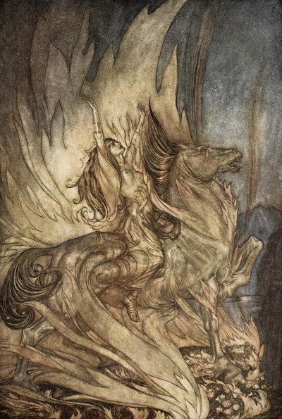 Brunnhilde sobre Grane salta para a pira funerária de Siegfried, ilustração de 