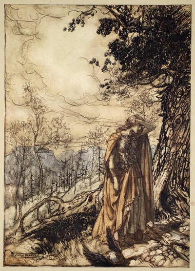 Brunnhilde fica há muito tempo, atordoada e alarmada, ilustração de "The Rhinegold and the Valkyrie" (O Renegado e a Valquíria) de Arthur Rackham