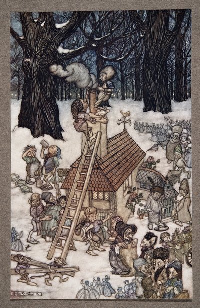Buliding the house for Maimie .., de Peter Pan em Kensington Gardens por JM Barrie (1860 - 1937), pub. 1906 de Arthur Rackham