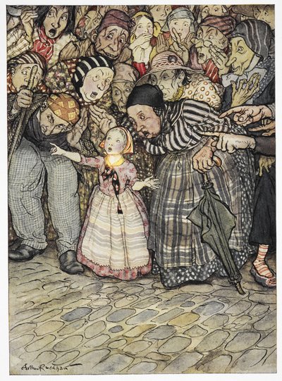 "Mas ele não tem absolutamente nada", disse uma criança pequena. Ilustração a cores da história, "a roupa nova do imperador". de Arthur Rackham