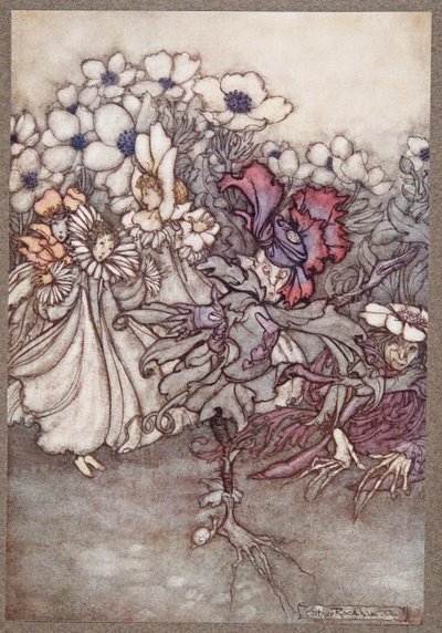 Mas se você olhar, e eles temem que não há tempo para se esconder, eles ainda fingem ser flores, de Peter Pan em Kensington Gardens, de JM Barrie (1860 - 1937), pub. 1906 de Arthur Rackham