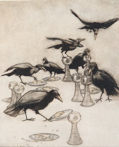 Mas eles disseram um após o outro Halloa! Quem tem comido meu prato Quem bebeu o meu copo dos contos de fadas dos irmãos Grimm, bar. 1909 de Arthur Rackham