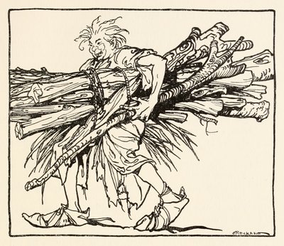 Carl construindo um abrigo para a noite, do Carl do Brasão Drab em contos de fadas irlandeses de Arthur Rackham