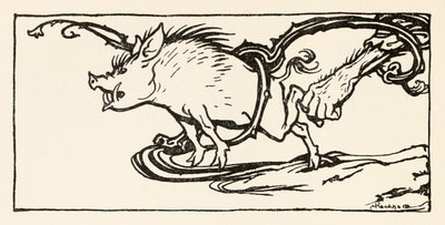 Carl pegando um javali para o jantar, do Carl do Brasão Drab em contos de fadas irlandeses de Arthur Rackham
