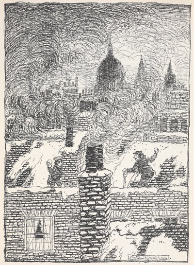 Crianças a brincar nos telhados na neve à noite, com a cúpula de S. Paulo à distância. de Arthur Rackham