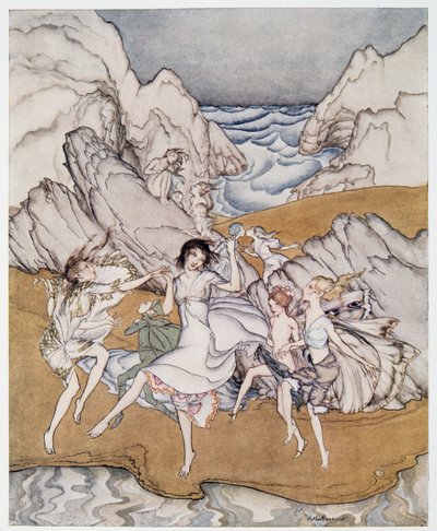 Venha para estas ilustrações de areias amarelas de William Shakespeares The Tempest, pub. 1926 de Arthur Rackham