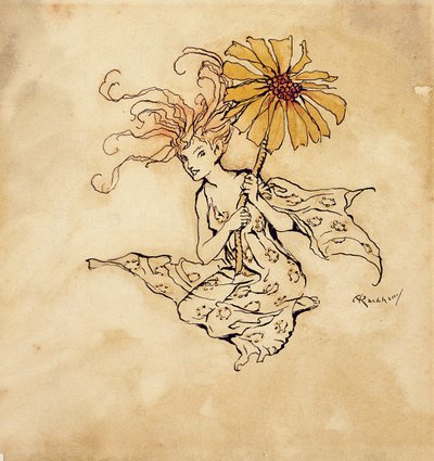 Daisy Fairy, ilustração de Peter Pan em Kensington Gardens, por JM Barrie, publicada em 1912 (caneta, tinta e wc no papel) de Arthur Rackham