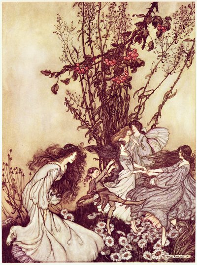 Dançando com as Fadas de &39;Peter Pan em Kensington Gardens&39; por JM Barrie, 1906 34: Peter Pan em Kensington Gardens por JM Barrie: Dançando com as Fadas, 1906 de Arthur Rackham