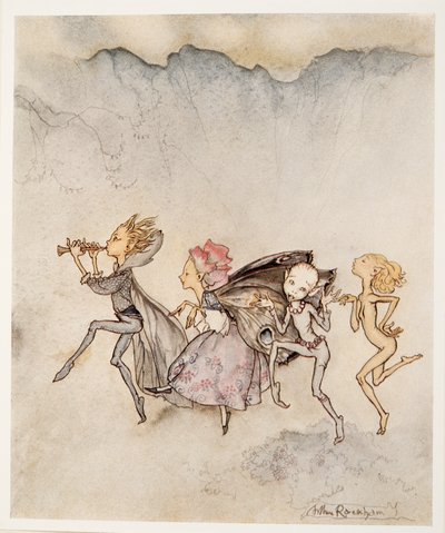 Cada um, tropeçando em seu dedo do pé, estará aqui com o espanador e a sega, ilustração de William Shakespeares a tempestade, bar. 1926 de Arthur Rackham