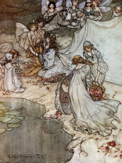 Elfos a fazer colares de rosas. Ilustração de Arthur RACKHAM (1867-1939) para The Dream of a Summer Night de William SHAKESPEARE de Arthur Rackham
