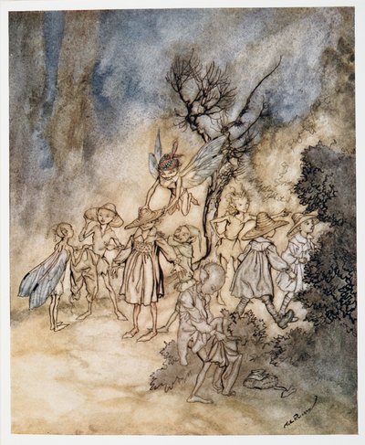 Entre certos ceifeiros, apropriadamente habitados, ilustração de William Shakespeares The Tempest, pub. 1926 de Arthur Rackham