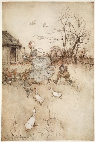 Equipado com um par de seus pais, ele tinha tantos anúncios para sustentar quanto uma boa dama faz seu trem em mau tempo., De Rip Van Winkle, de Washington Irving, pub. 1910 (cor li de Arthur Rackham