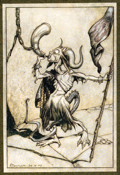 Antes da buzina no Portão da Torre Barbacã, foi tocada com um alto poder de vinte trombetas, 1907 de Arthur Rackham