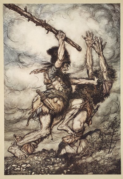 Fafner mata Fasolt, ilustração de "O Reno e a Valquíria", 1910 de Arthur Rackham