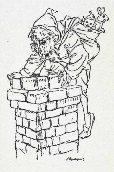 O Pai Natal a descer por uma chaminé com um saco de presentes de Arthur Rackham