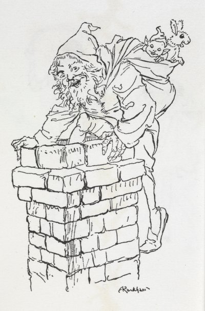 O Pai Natal a subir para uma chaminé com presentes de Arthur Rackham