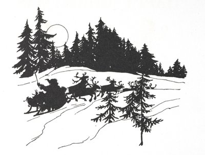 Pai Natal viajando através de um bosque nevado no seu trenó de Arthur Rackham