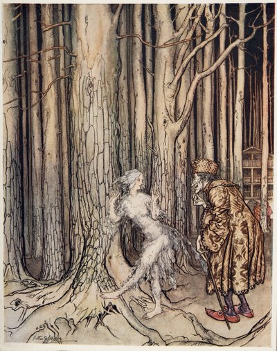 Pássaro de Fitchers, do irmão pequeno & da irmã mais nova e dos outros contos pelos irmãos Grimm, pub.1917 de Arthur Rackham