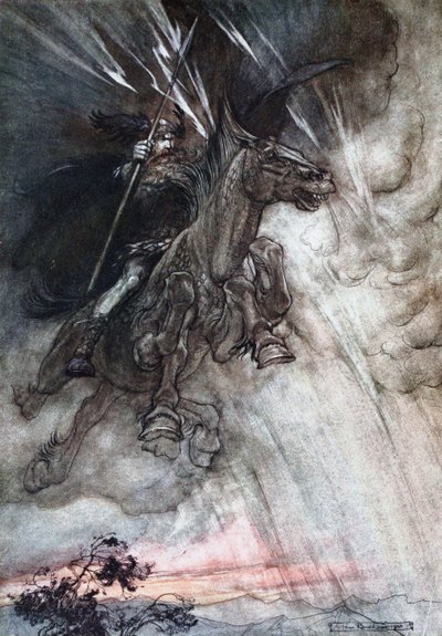 Furiosamente, Wotan está cavalgando até a rocha. Ilustração para The Rhinegold e The Valkyrie, de Richard de Arthur Rackham