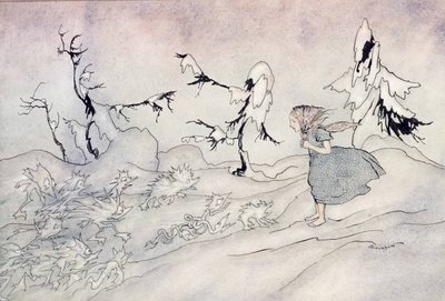 Gerda está aterrorizada com a guarda avançada da Rainha da Neve, mas ela disse Pai Nosso e é resgatada por anjinhos brilhantes, ilustração de A Rainha da Neve por Hans Christian Andersen, publicada em 1932 (wc & i de Arthur Rackham
