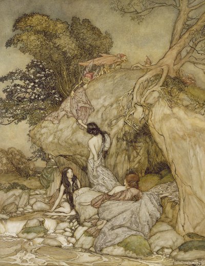 Girls by a Stream, 1906 (caneta, tinta e wc) de Arthur Rackham