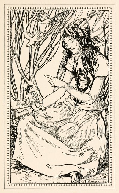 Glumdalclitch ensina Gulliver a ler da Parte II: Uma Viagem a Brobdingnag em Gullivers Viaja de Jonathan Swift de Arthur Rackham