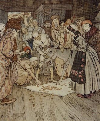 "Peças de ouro caíram sobre o pano" ilustração para "Mesa de Lavar, Cu de Ouro e Cudgel" dos Contos de Fadas dos Irmãos Grimm de Arthur Rackham
