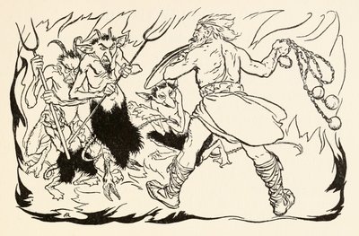 Goll mac Morna assaltando o inferno para resgatar Fionn e o Fianna-Finn, de The Little Brawl em Allen em contos de fadas irlandeses de Arthur Rackham