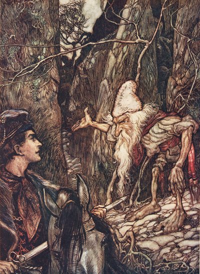 Bom anão, você não pode me dizer onde estão meus irmãos dos contos de fadas dos irmãos Grimm, bar. 1909 de Arthur Rackham