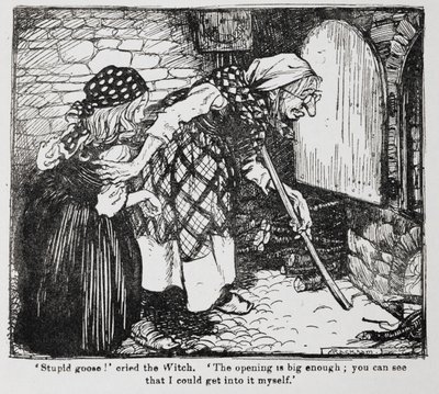 Grethel e a velha bruxa junto ao forno de Hansel e Grethel. de Arthur Rackham