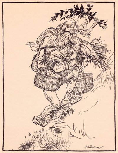 Gemendo continuamente, ele subiu a montanha. Ilustração de Arthur Rackham de Grimm