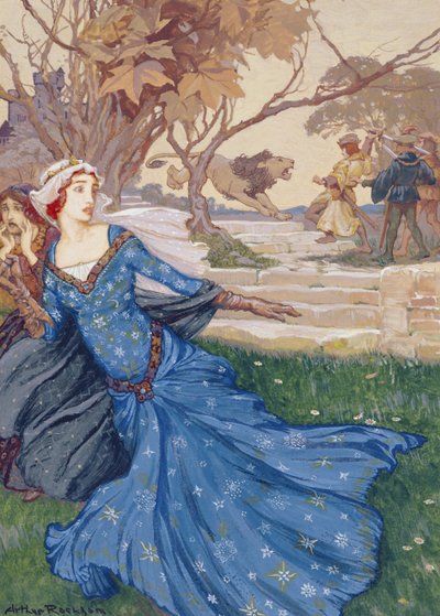 Guinevere Resgatado por La Cote Male Taile, ilustração de Uma Coleção de Histórias de Contos de Fadas Velhos: Grimm, Andersen e Histórias do Rei Arthur, publicado em 1905 (bodycolour no papel) de Arthur Rackham
