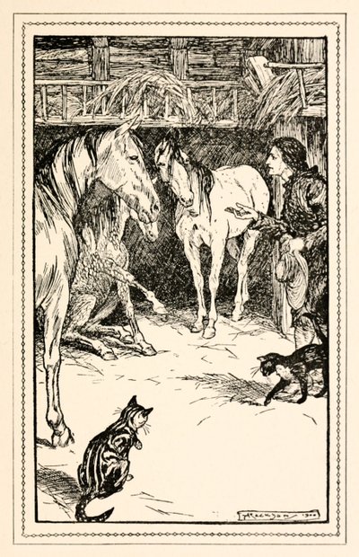 Gulliver tem a honra de ser questionado por seus convidados mestres da Parte IV: Uma Viagem ao País dos Houyhnhnms em Gullivers Travels por Jonathan Swift de Arthur Rackham