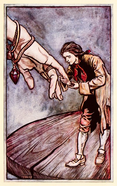 Gulliver beija a mão da Rainha de Brobdingnagias da Parte II: Uma Viagem a Brobdingnag em Gullivers Viaja de Jonathan Swift de Arthur Rackham