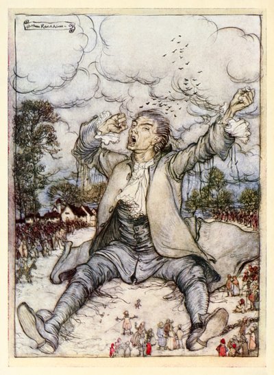 Gulliver libertado das cordas levanta e se alonga da Parte I: Uma Viagem para Lilliput em Gullivers Travels por Jonathan Swift de Arthur Rackham