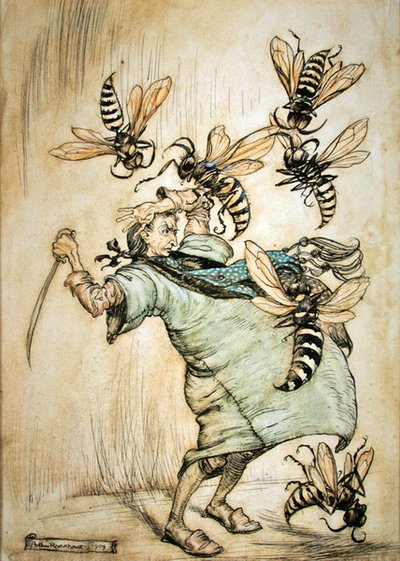 O combate de Gulliver com as vespas de Arthur Rackham
