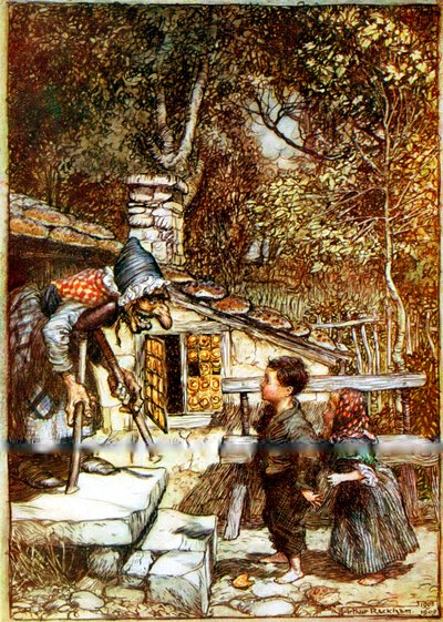 Hansel, Gretel e a bruxa na porta de sua casa de Arthur Rackham