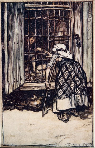 Hansel esticou a junta e a velha, cujos olhos estavam pálidos, não conseguia enxergar, e achou que era o dedo dele, e ficou muito espantada por ele não engordar ... de The Fairy Tales of the B de Arthur Rackham