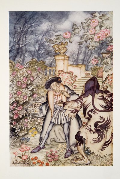 Ele ouviu um barulho alto, e viu vindo em sua direção uma fera, tão assustadora de se ver que ele estava pronto para desmaiar de medo, do The Arthur Rackham Fairy Book, pub. 1933 de Arthur Rackham