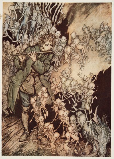 Ele tocou até que a sala estivesse totalmente cheia de gnomos, de Little Brother & Little Sister e Other Tales dos irmãos Grimm, pub. 1917 de Arthur Rackham