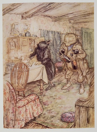 Ele reapareceu, um pouco empoeirado, com uma garrafa de cerveja em cada pata e outra embaixo de cada braço, de Wind in the Willows, de Kenneth Grahame (1859 - 1932), pub. 1940 de Arthur Rackham