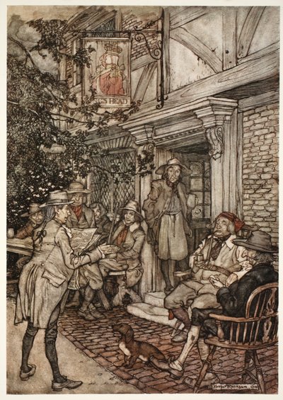 Costumava se consolar frequentando uma espécie de clube perpétuo dos sábios, filósofos e outras personagens ociosas, que realizavam suas sessões diante de uma pequena hospedaria, de Rip Van Winkle, de Washington. de Arthur Rackham