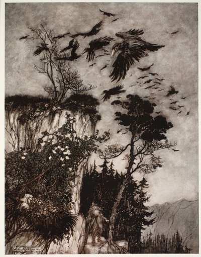 Ele foi respondido apenas por um bando de corvos ociosos, de Rip Van Winkle por Washington Irving, pub. 1910 de Arthur Rackham